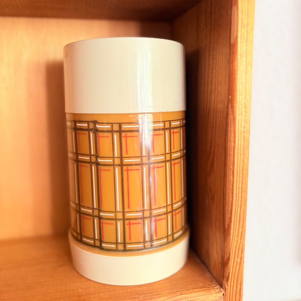 Vintage Aladdin Thermos Pint Wide Mouth Orange Plaid Vacuum Bottle No 240 Cup
